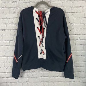 The Upside Lace Up Back Sweatshirt Navy Blue Crew Neck Sweater